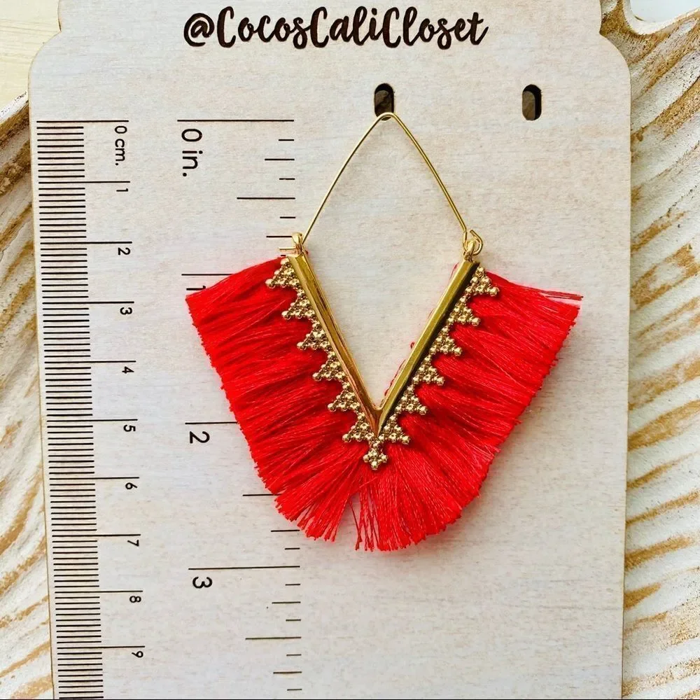Boho Red Fringe Filigree Drop Earrings NWT